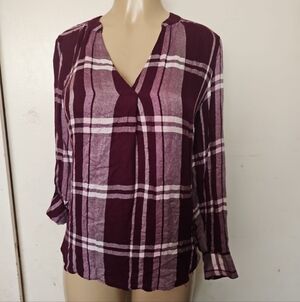 Soho Burgundy and White Plaid V-Neck Blouse